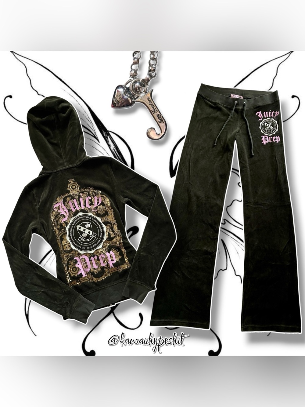 VTG Y2K Juicy Couture Olive Green/Multicolor Velour Hoodie & Pants Tracksuit Set